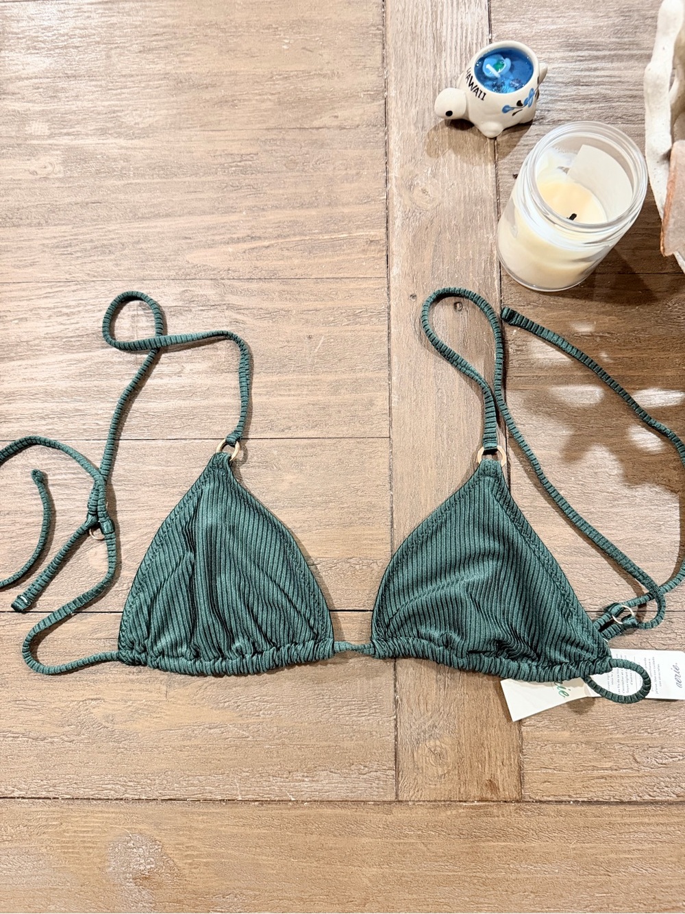 Green Ribbed Triangle Bikini Top